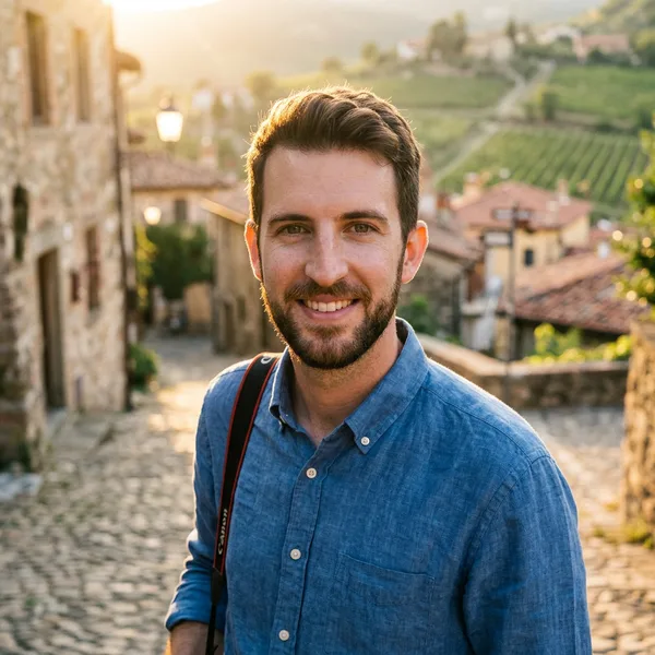 Travel AI headshot example — same person generated in travel style